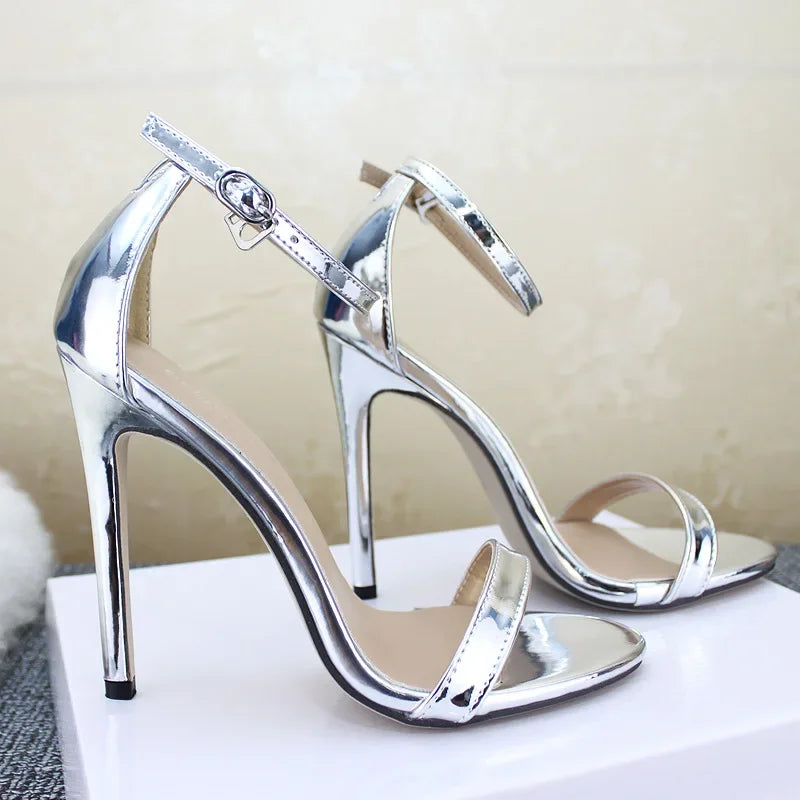 Women Sandals Fashion 10.5CM High Heels Sandals Shoes Round Toe PU Thin High Heels Buckle Strap Shallow Women Shoes Size 35-42