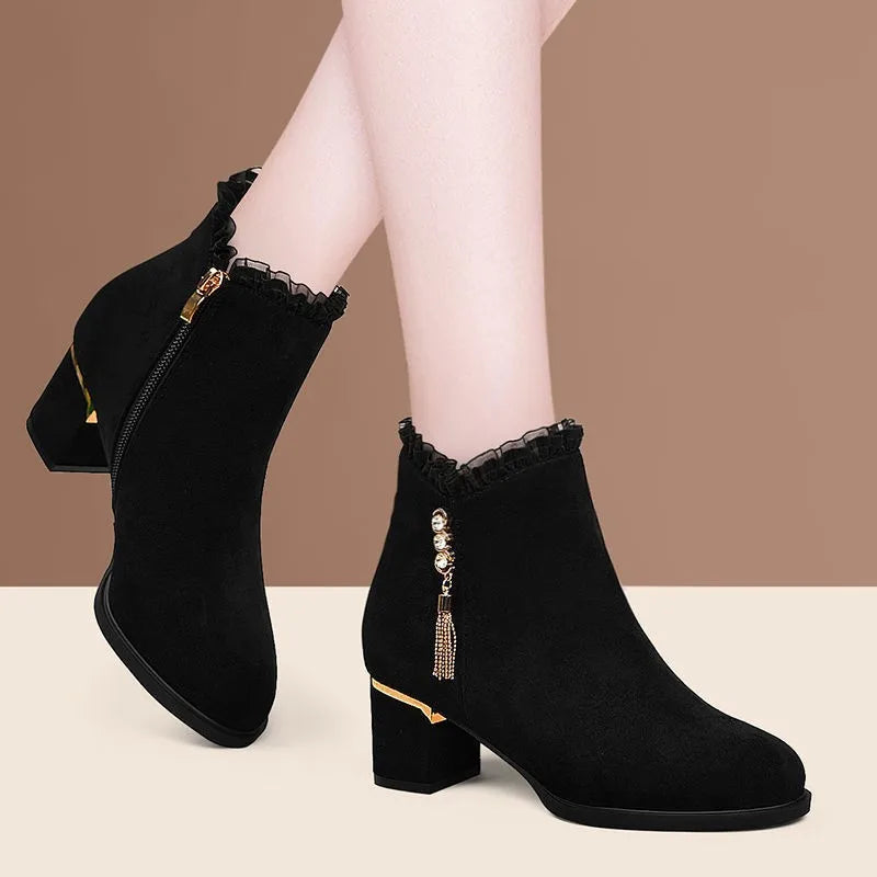 Women's Bow Rhinestone Short Boots Round Head Chunky Heel Shoes Side Zip Tassel Pendant Comfortable Non-slip Party High Heels