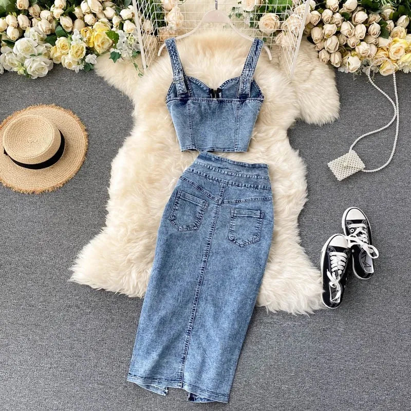 denim 2 piece set women, summer top and skirt two piece set Sexy elegant 2025 fashion midi skirt new in matching