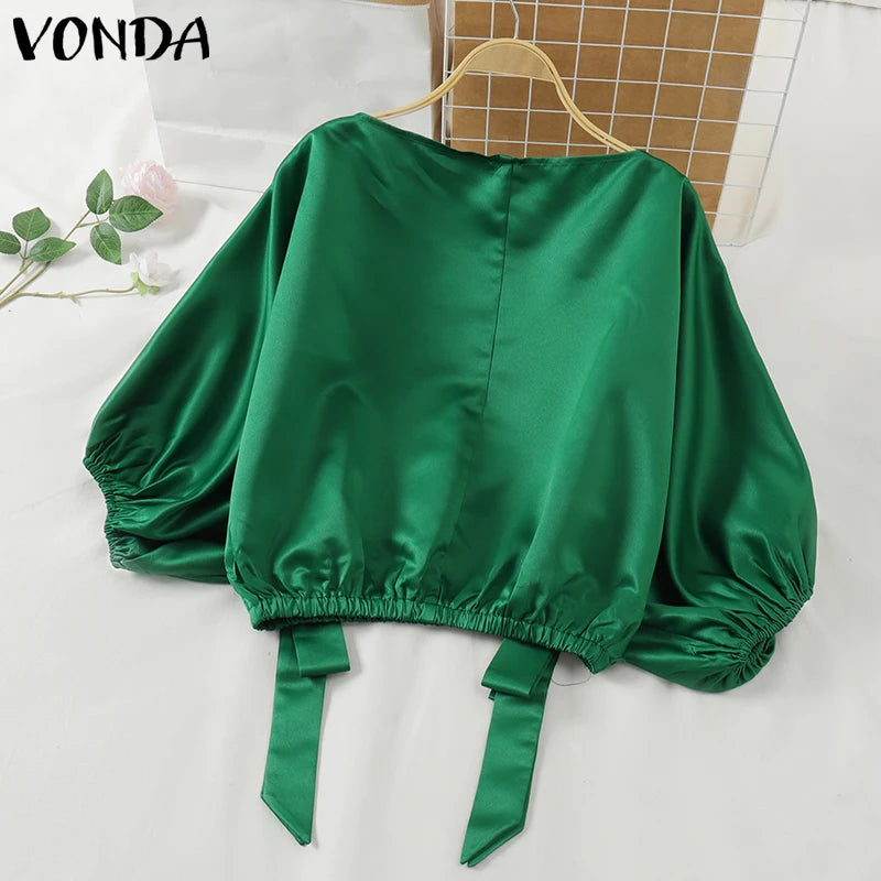 Plus Size Satin Silk Top Women Blouses Casual Long Lantern Sleeve Oversized Solid Color Blusas VONDA 2024 Bohemian O-Neck Tunic