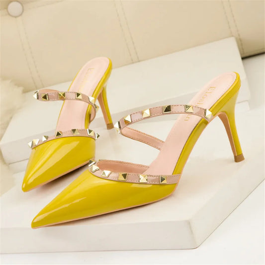 Fashion Rivet Slip On Women Slippers New Summer Pointy Toe High Heels Shoes Party Patent Leather Hollow Sexy Female Sandal Dress