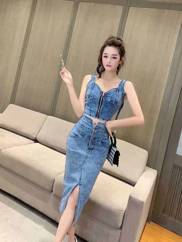 denim 2 piece set women, summer top and skirt two piece set Sexy elegant 2025 fashion midi skirt new in matching