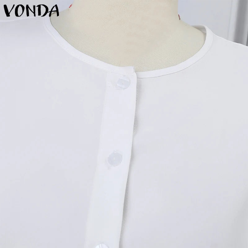 Plus Size VONDA Women Elegant Blouse Casual Lantern Quarter Sleeve Shirts Solid Color Button Round Neck Blusas Lady Office Tops