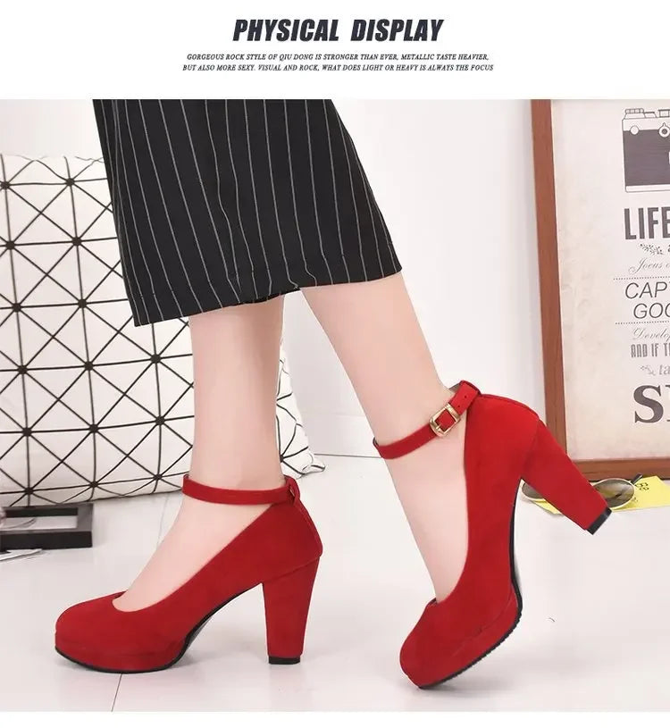 Spring Women Pumps Flock Sweet Thick High Heels Ankle Strap Female Platform Classic Round Toe Dress Cute Shoes Ladies Footwear