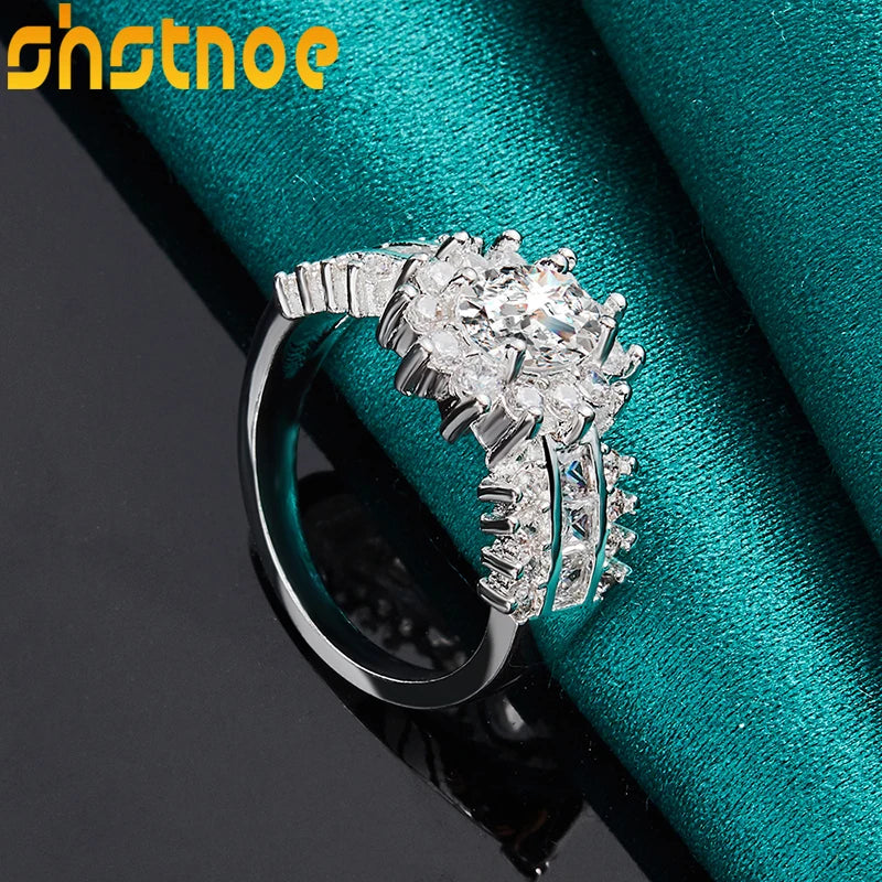 SHSTONE 925 Sterling Silver Fashion Zircon Sunflower Ring For Women Engagement Bridal Wedding Bands Charm Jewelry Accessories