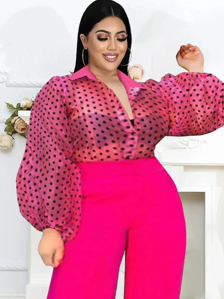 Plus Size Tops Rose Turn Down Collar Long Puff Sleeve See Through Organza Polka Dot Blouse Office Lady Evening Party Shirts Top