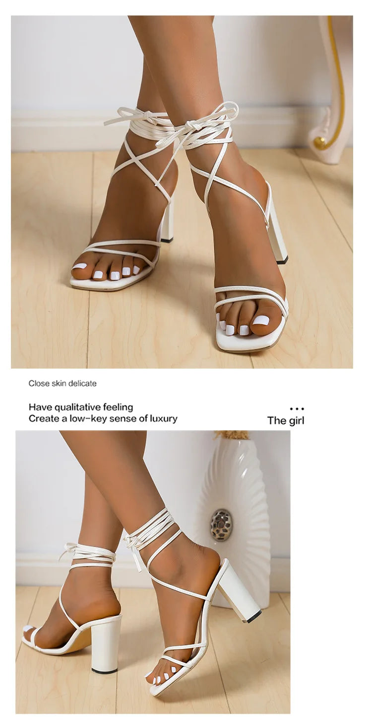 2023 Large Women's Shoes 2023 Summer Women's Sandals Leather Cross Strap High Heels Sexy Square Head Thin Heels High Heels