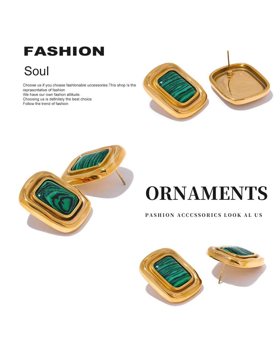 Yhpup Fashion Malachite Stone Stainless Steel Square Temperament Stud Earrings 18K Gold Color Waterproof Charm Jewelry for Women