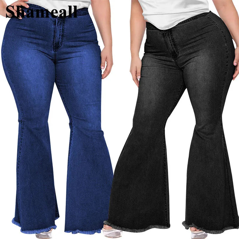 Plus Size High Waist Spliced Flared Jeans Mom 4XL Women Comfortable Elastic Tight Fringe Hem Wide Leg Trousers Women Bell Bottom