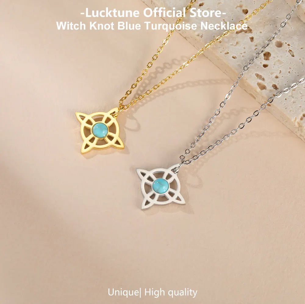 Lucktune Witch Knot Blue Turquoise Necklace Stainless Steel Witchcraft Celtic Irish Amulet Pendant Necklace Pagan Jewelry Gifts