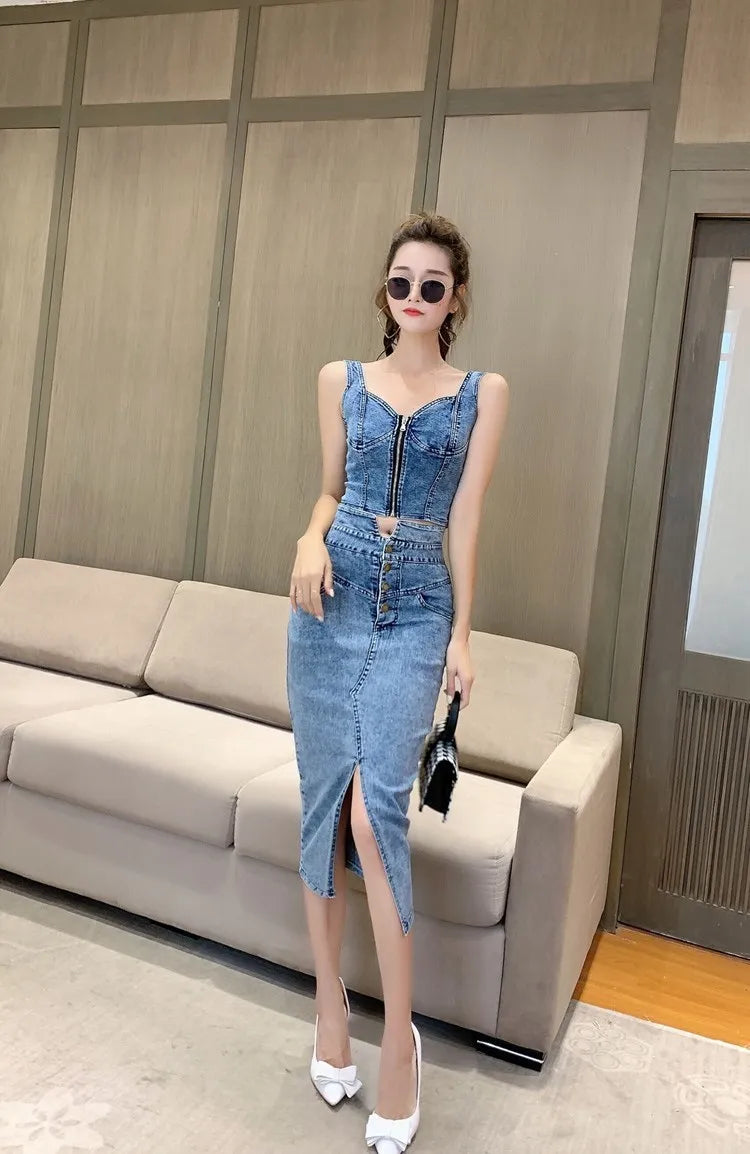 denim 2 piece set women, summer top and skirt two piece set Sexy elegant 2025 fashion midi skirt new in matching