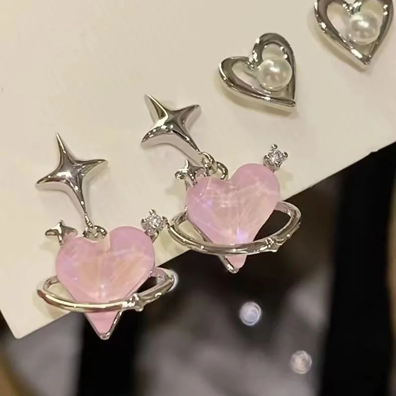 KADRUFI Y2K 2023 Pink Heart Rhinestone Pearl Star Stud Earrings Women Korean Fashion Piercing Earring Kpop brincos Jewelry Set