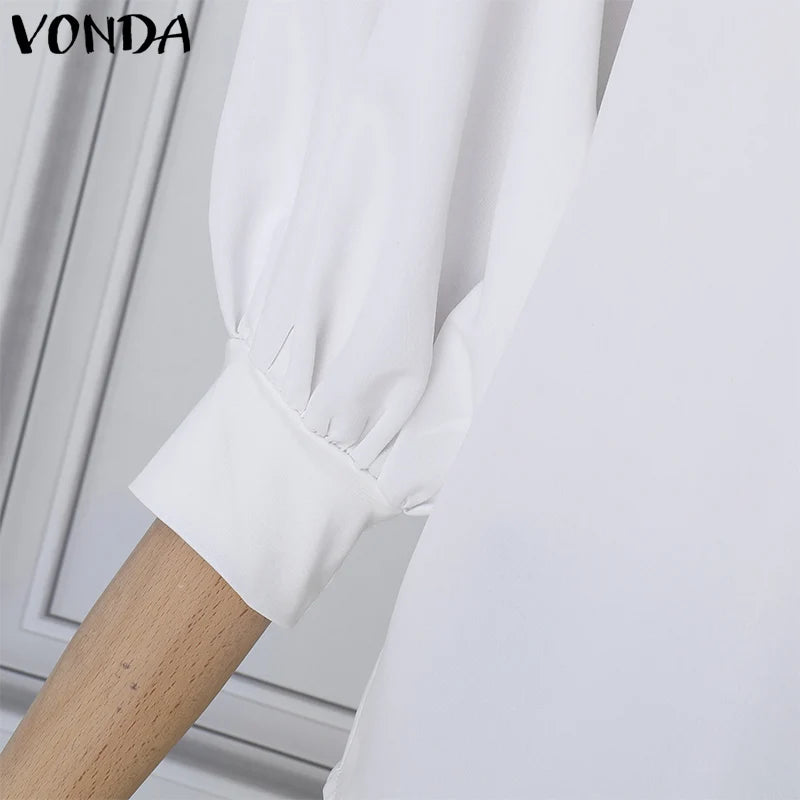 Plus Size VONDA Women Elegant Blouse Casual Lantern Quarter Sleeve Shirts Solid Color Button Round Neck Blusas Lady Office Tops