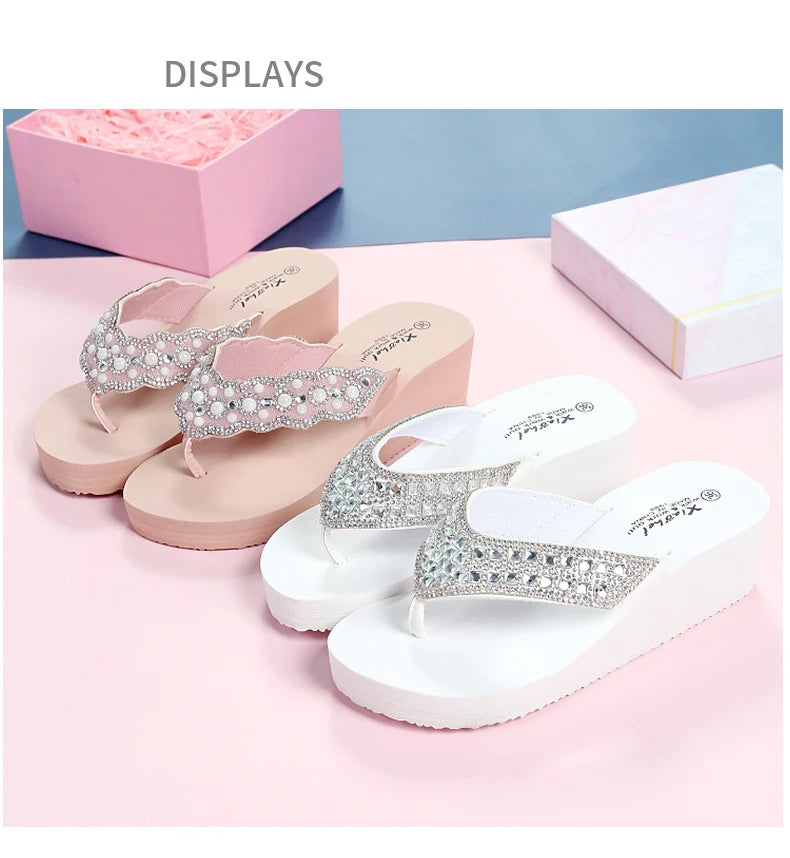 Women Summer Sandals Sequins Beach Female Flip Flops Ladies Slippers High Heels Shoes For Women 2024 Platform Wedges Slippers