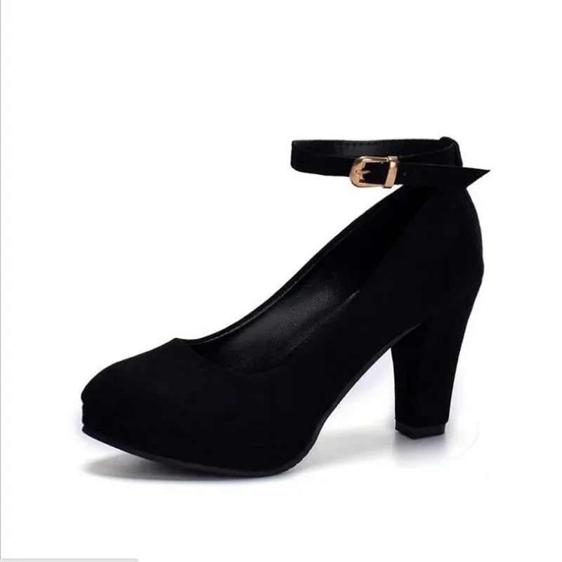 Spring Women Pumps Flock Sweet Thick High Heels Ankle Strap Female Platform Classic Round Toe Dress Cute Shoes Ladies Footwear