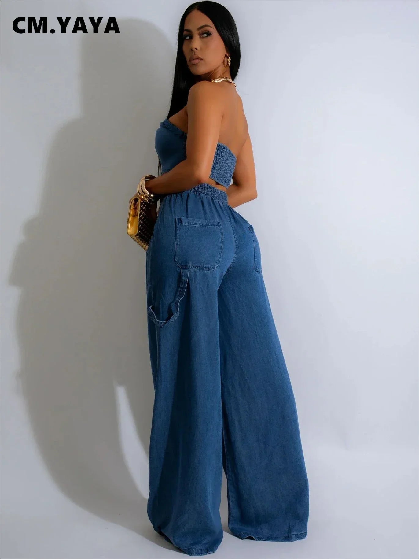 CM.YAYA Fashion Denim Women's Set Strapless Crop Top and Wide Leg Jeans Pants Suit 2024 Street Two 2 Piece Sets Outfit Tracksuit