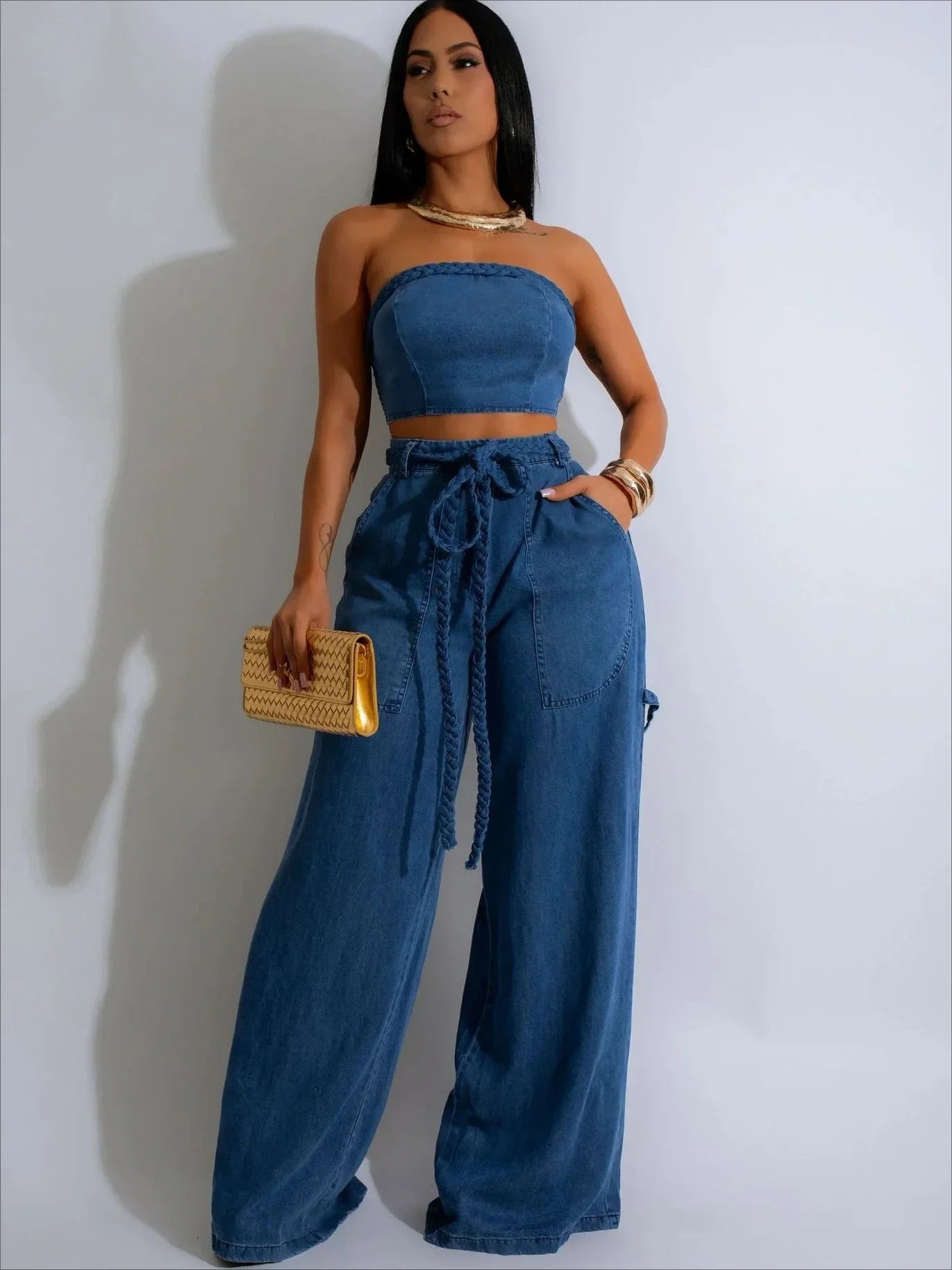 CM.YAYA Fashion Denim Women's Set Strapless Crop Top and Wide Leg Jeans Pants Suit 2024 Street Two 2 Piece Sets Outfit Tracksuit