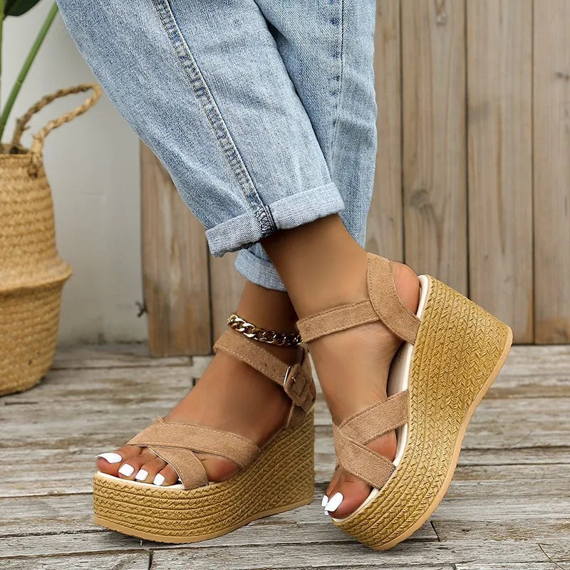 Fashion Wedge Sandals for Women Summer 2022Casual Non-slip Peep Toe Platform Shoes Rubber Sole Buckle Elegant Heel Woman Sandale