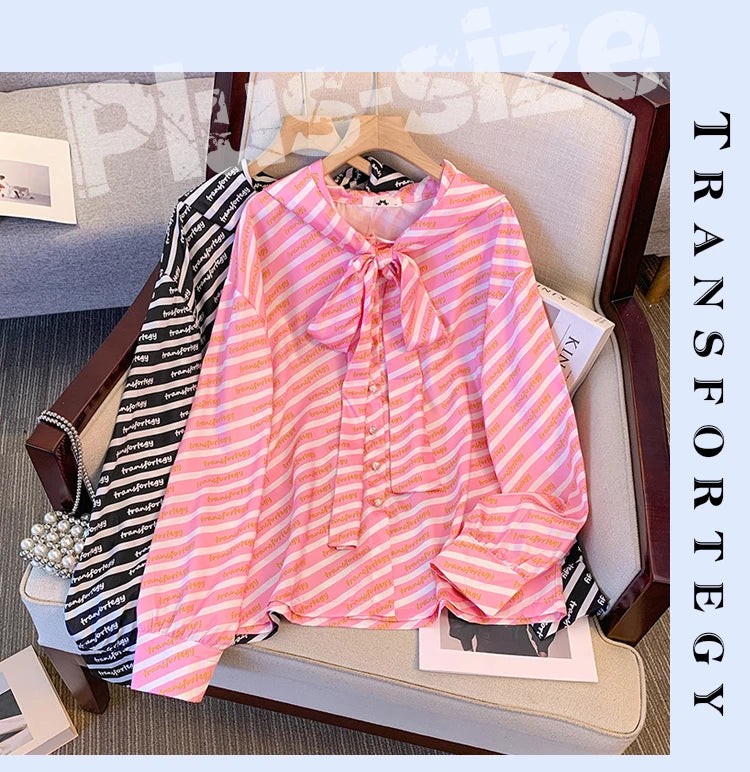 Plus size women's spring casual personality shirt Hooded design bow embellish party top Striped polyester commuter shirt