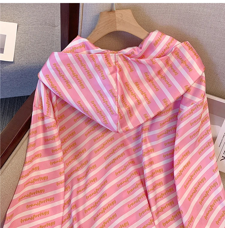 Plus size women's spring casual personality shirt Hooded design bow embellish party top Striped polyester commuter shirt