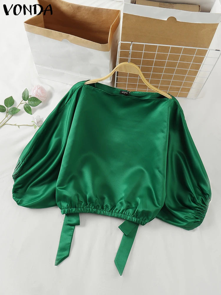 Plus Size Satin Silk Top Women Blouses Casual Long Lantern Sleeve Oversized Solid Color Blusas VONDA 2024 Bohemian O-Neck Tunic