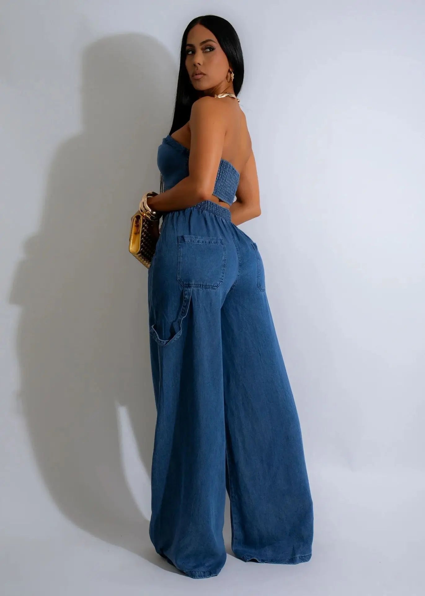 CM.YAYA Fashion Denim Women's Set Strapless Crop Top and Wide Leg Jeans Pants Suit 2024 Street Two 2 Piece Sets Outfit Tracksuit