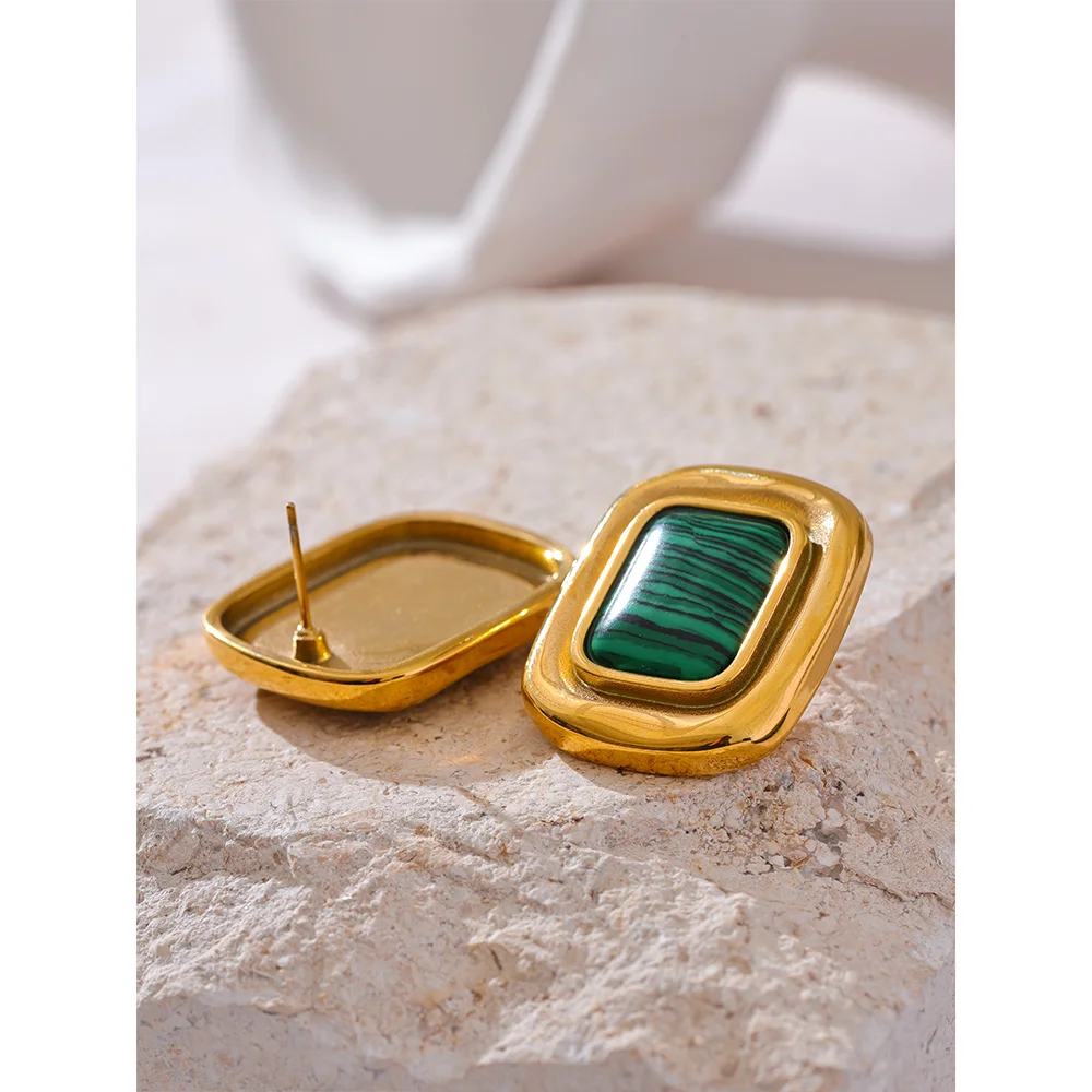 Yhpup Fashion Malachite Stone Stainless Steel Square Temperament Stud Earrings 18K Gold Color Waterproof Charm Jewelry for Women