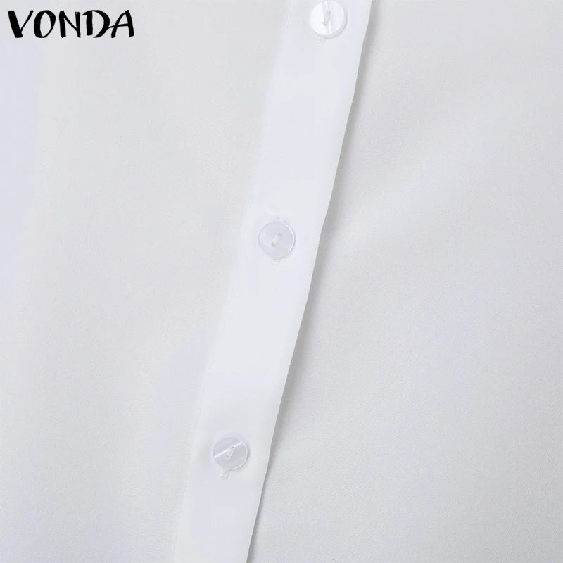 Plus Size VONDA Women Elegant Blouse Casual Lantern Quarter Sleeve Shirts Solid Color Button Round Neck Blusas Lady Office Tops