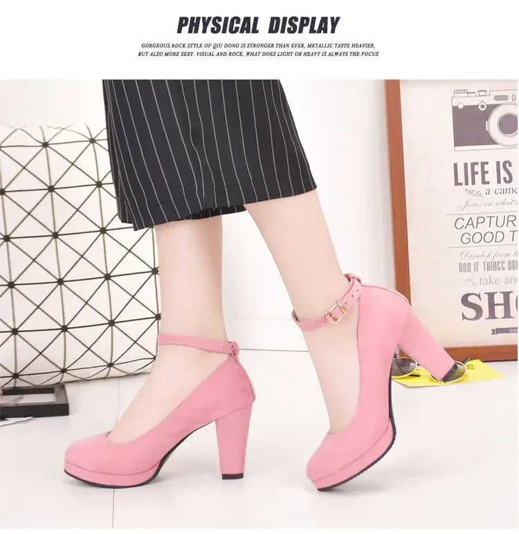 Spring Women Pumps Flock Sweet Thick High Heels Ankle Strap Female Platform Classic Round Toe Dress Cute Shoes Ladies Footwear