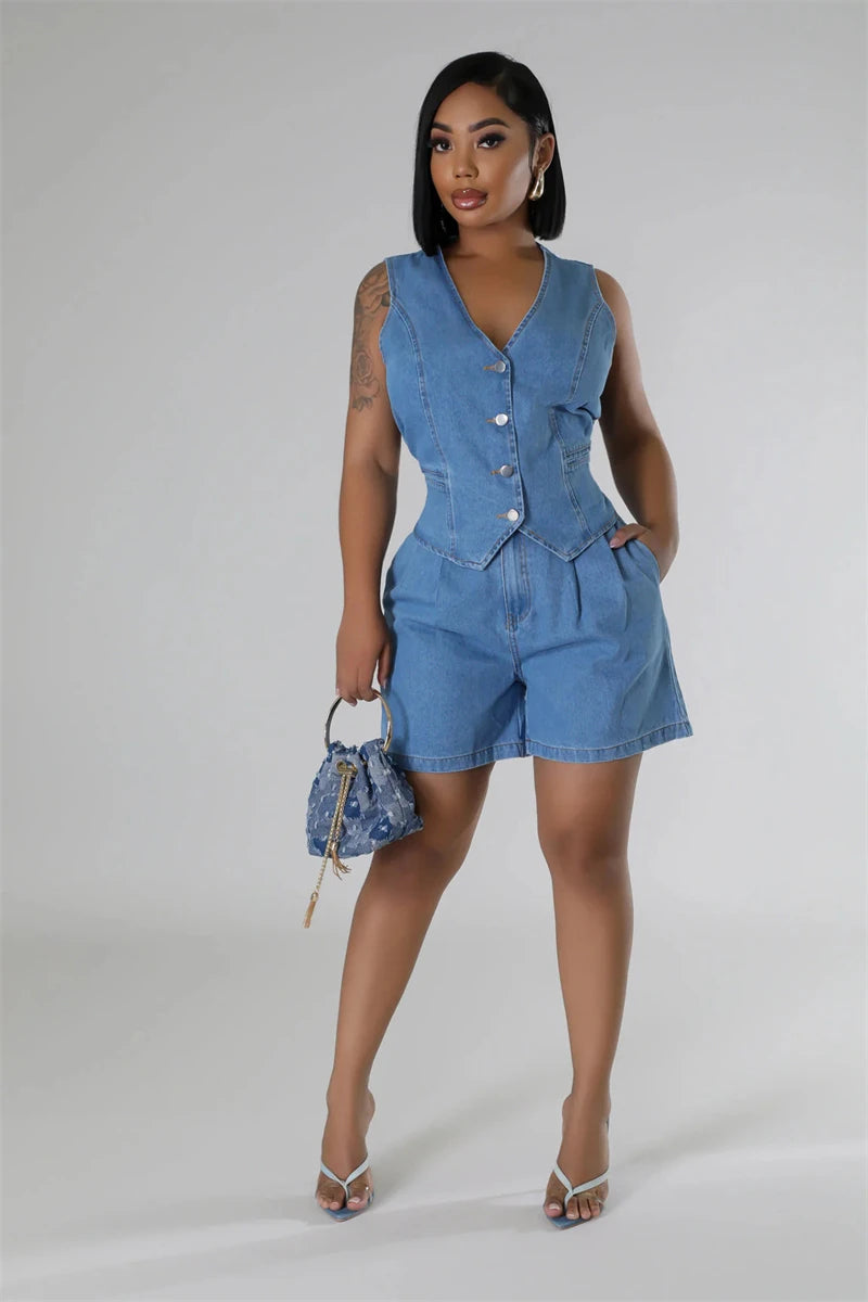 Denim Short Sets Women Two Piece Set Summer Clothes Women 2024 Sleeveless Jean Jacket Top Shorts Sets 2 Piece Sets Women Outfits